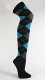 Black with sky blue charcoal socks over knee argyle