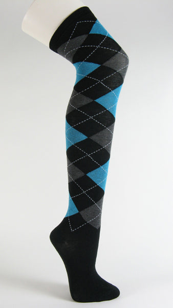 Black with sky blue charcoal socks over knee argyle