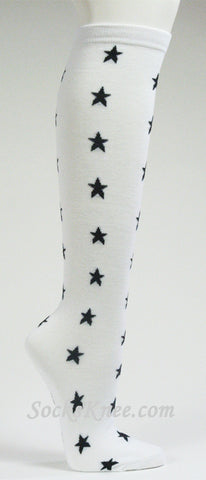 White with Black Small Star Logo / Symbol Knee High Socks