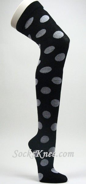 Black Over Knee High Socks with Large White Polka Dots