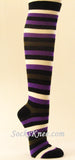 Black White Purple Striped Women's Knee High Socks, Thick