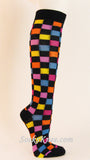 Black with Orange Light Blue Plaid Knee Socks for Women