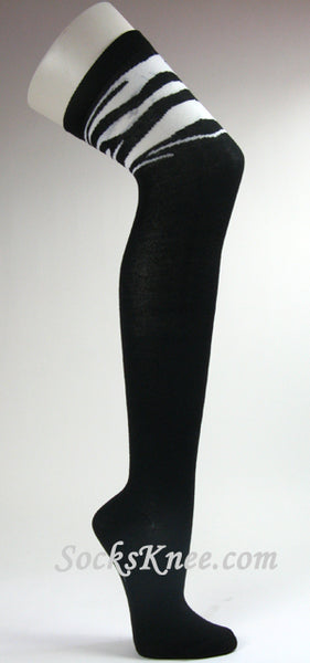 Zebra Striped on Thigh Black Over Knee High Socks for Women