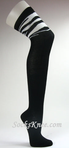 Zebra Striped on Thigh Black Over Knee High Socks for Women