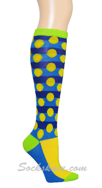 Blue / Bright Blue Striped With Dots Women Knee High Socks