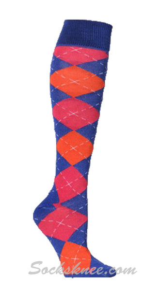Blue / Hot Pink / Orange Women Argyle Knee High Socks