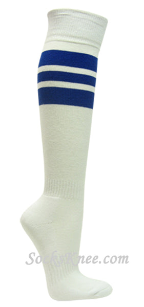 White cotton knee socks with blue stripes for sports