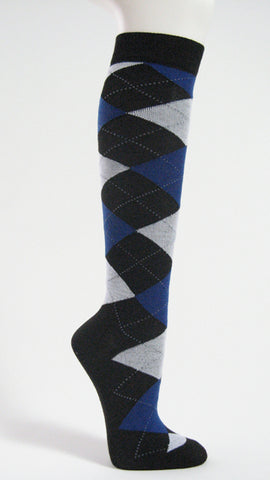 Blue grey black argyle knee socks