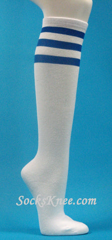 White & Blue striped Quality knee high socks for women