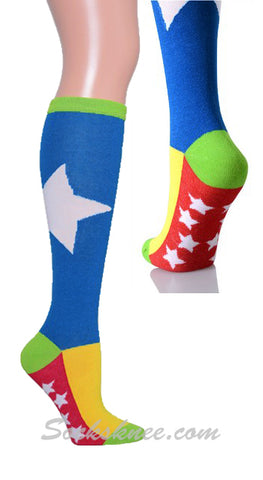 White Bold Star-Mini Stars Bright Blue Knee High Socks