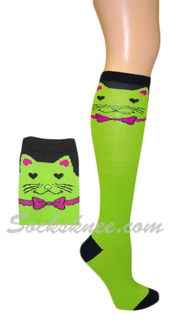 Cat with Bow Ties Bright Lime Green Knee High Fashion Socks