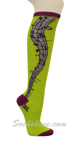 Bright Lime Green Knee High Socks with Music Notes/Symbol