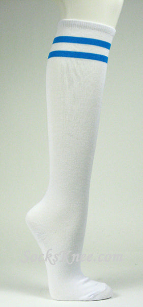 2 Bright Blue Striped White Knee Socks for Women