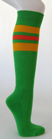 Bright green cotton knee socks golden yellow orange striped