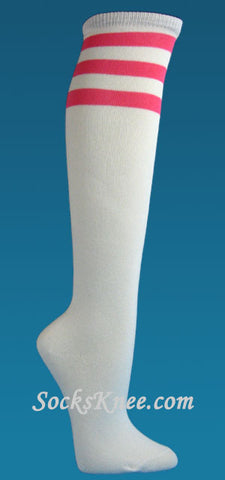 White and Bright Pink striped Quality knee high socks for women