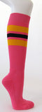 Bright pink cotton knee socks yellow black striped