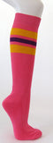Bright pink cotton knee socks yellow purple striped