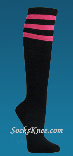 Black with Bright Pink 3line Striped Women's Knee High Socks
