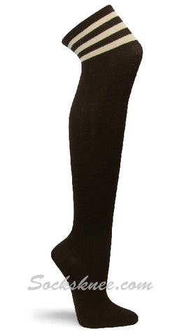 Brown with Beige Triple Stripes Women Stocking Over Knee Socks