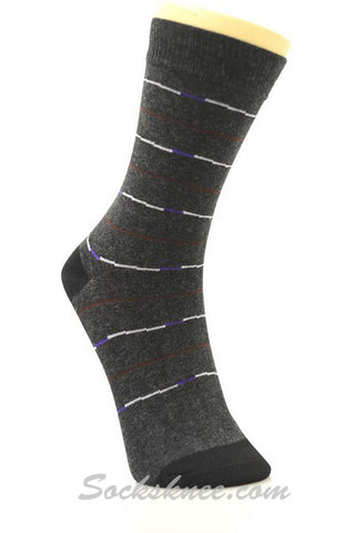 Brown White Purple Lines in Charcoal Mens Dress Socks