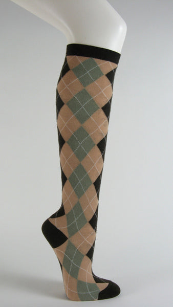 Brown with beige argyle socks knee high