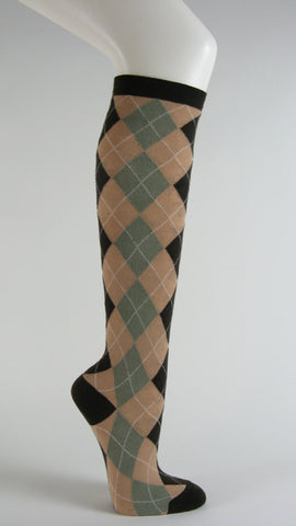 Brown with beige argyle socks knee high