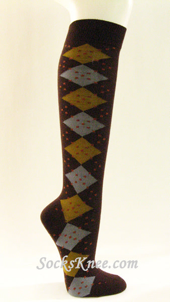 Brown Dark Gold Gray Women's Argyle Knee Socks