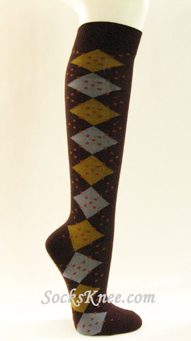 Brown Dark Gold Gray Women's Argyle Knee Socks