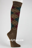 Brown with Maroon Argyle socks knee high