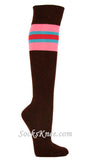 Brown Socks With Pink Sky Blue/Turquoise Gold Yellow Stripes