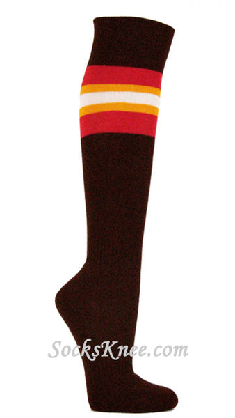Brown Socks with Red Gold Yellow  White Stripes for Sports