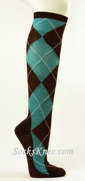 Brown Turquoise Lemonade Yellow Large Argyle Knee Socks