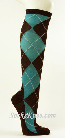 Brown Turquoise Lemonade Yellow Large Argyle Knee Socks