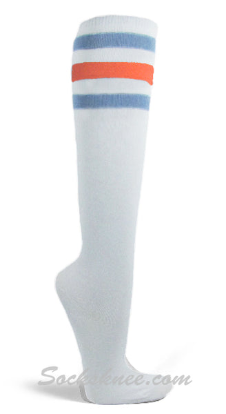 White / Carolina Blue Orange stripes Women High Quality knee socks