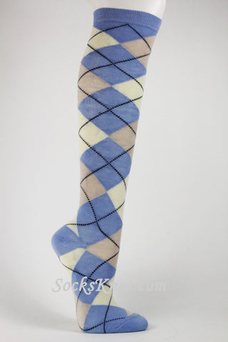 Carolina Blue Cream Khaki Argyle Knee Sock