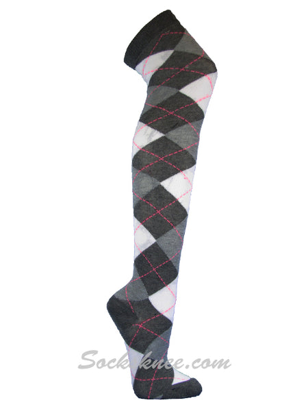 Charcoal Gray White Over Knee Argyle Socks