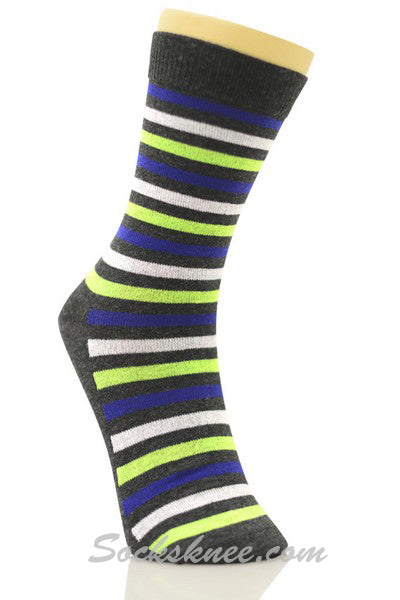 Charcoal Men's Blue White Neon Green Stripes Dress Socks