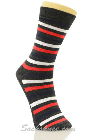 Charcoal Men's Navy  White Red Stripes Dress Socks