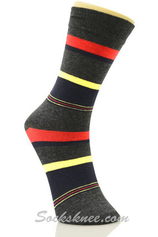 Charcoal Navy Red Stripes Mens Cotton Dress Socks