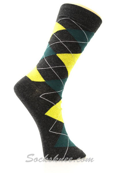 Charcoal Olive Yellow Argyle Cotton Mid-Calf Dress socks