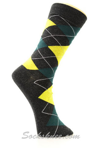 Charcoal Olive Yellow Argyle Cotton Mid-Calf Dress socks