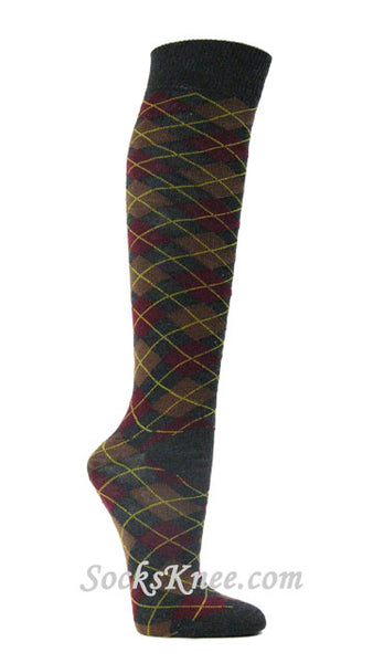 Dark / Charcoal Gray (Grey) Maroon Brown Womens Argyle Knee Sock