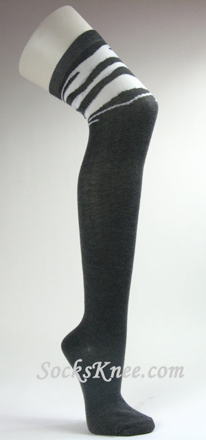 Zebra Striped on Thigh Charcoal Gray Over Knee Socks for Women
