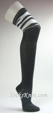 Zebra Striped on Thigh Charcoal Gray Over Knee Socks for Women