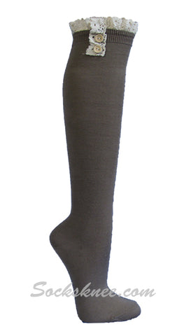 Chocolate Vintage style knee high sock with crochet lace