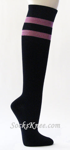 Cool Sparkling Purple Striped Black Knee High Socks for Women
