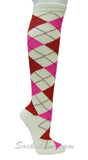 Cream Red Hot Pink Women Argyle Knee Sock