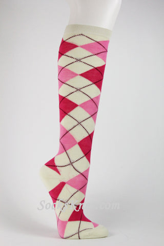 Cream Hotpink Pink Argyle Knee Sock