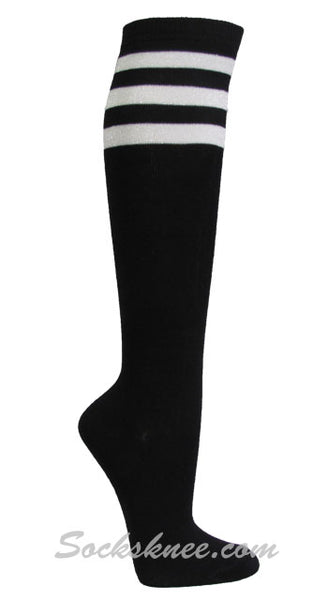 Black Women Ladies 3 Glitter White Stripes Knee High Socks