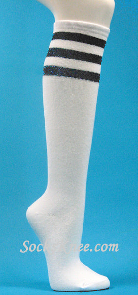 Glitter Black Stripes White High socks for women